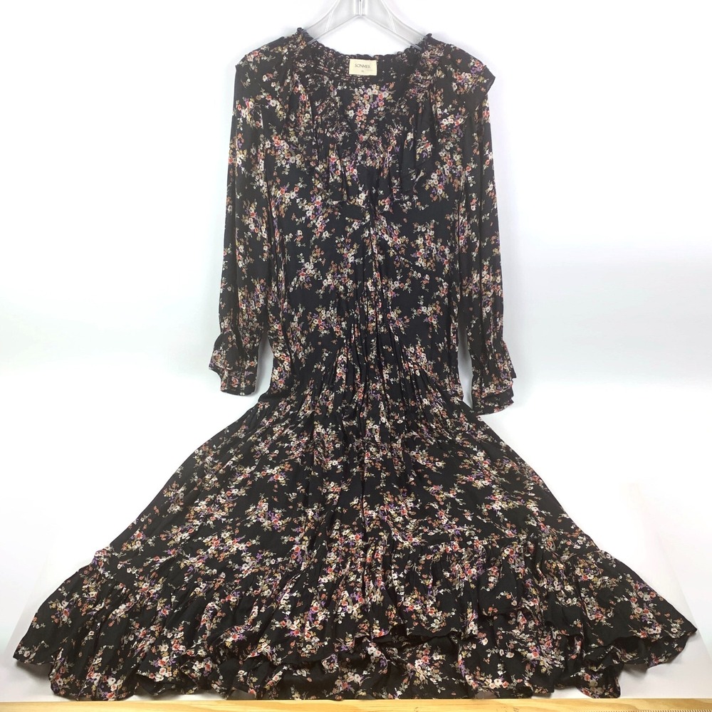 Sonmer‎ Lola Dress Sz XL Black Floral Ankle Length Ruffled Midi Asymetric V Neck - Picture 3 of 16